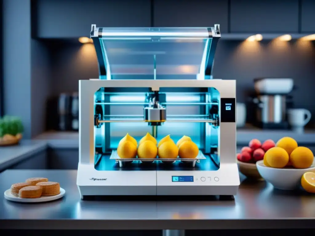 Alimentos impresos en 3D sin gluten en una cocina moderna y luminosa, innovación culinaria