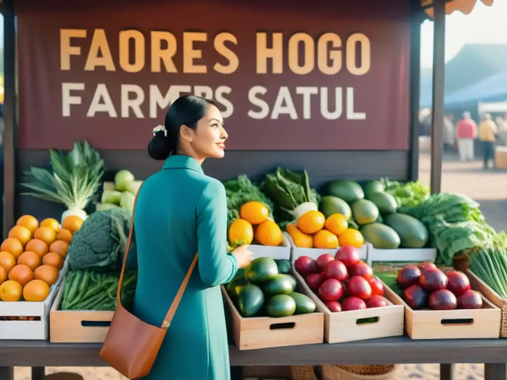 Marca alimentos orgánicos sin gluten en colorido puesto de mercado con frutas y verduras frescas, cálida luz solar