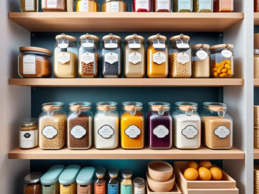 Un almacén meticulosamente organizado con una colorida variedad de productos sin gluten en tarros de cristal, iluminado con una luz cálida