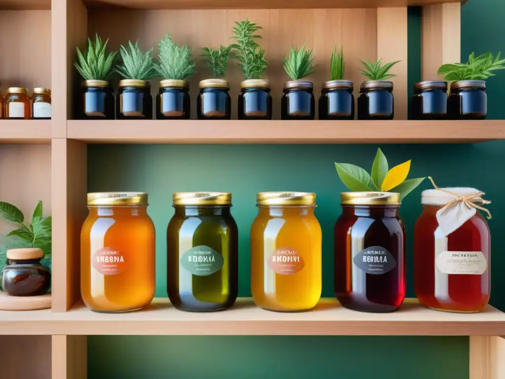 Almacenamiento adecuado de Kombucha sin gluten en tarros de vidrio coloridos, con etiquetas detalladas y luz cálida entre plantas verdes