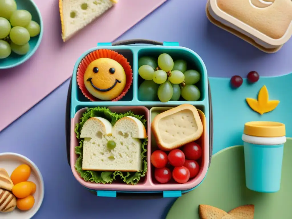 Un almuerzo escolar sin gluten divertido y nutritivo para niños, con mini sándwiches, frutas, vegetales, cookies y una nota sonriente de un padre