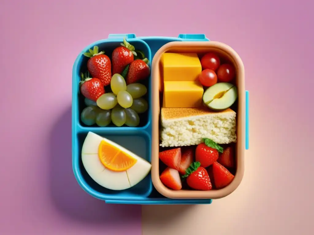 Un almuerzo escolar sin gluten nutritivo en una colorida lonchera, en un ambiente escolar alegre