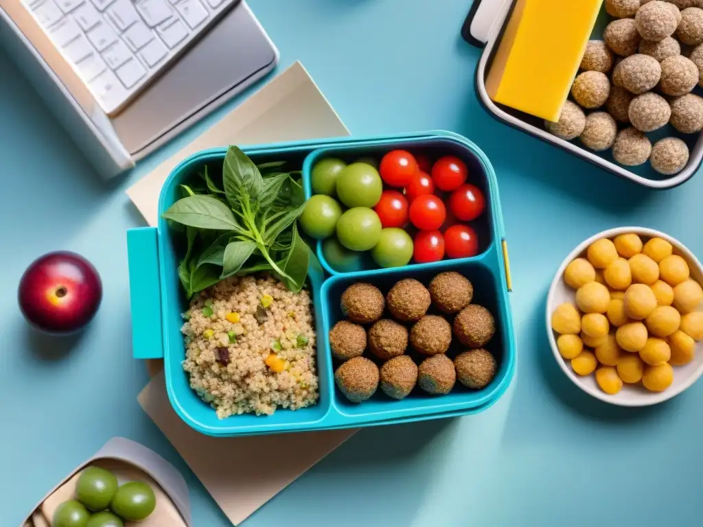 Un almuerzo sin gluten para trabajar: lunchbox moderno con deliciosos snacks organizados en un entorno de oficina acogedor y profesional