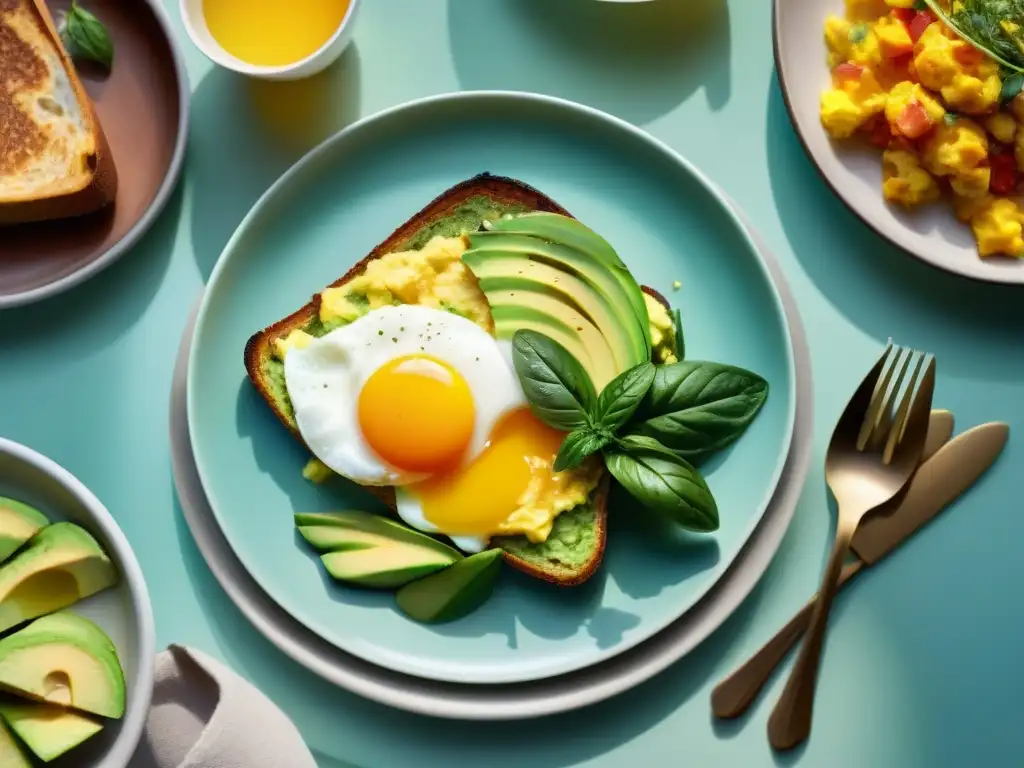 Un amanecer de sabores: Desayunos sin gluten con huevos en una mesa vibrante, iluminada por la calidez matutina