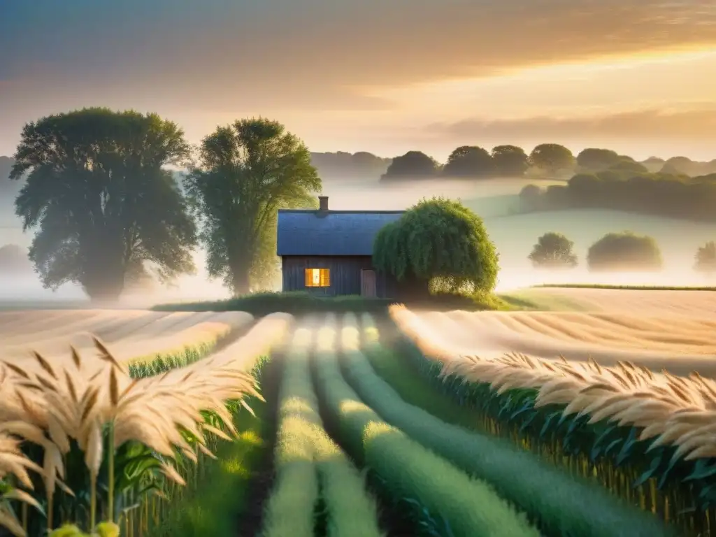 Un amanecer sereno en un campo de avena dorada sin gluten, con neblina matutina y aves cantoras