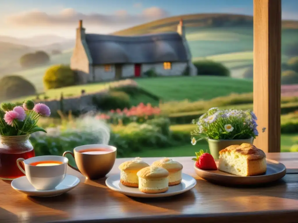 Un amanecer sereno en el campo inglés con scones sin gluten, cream y mermelada, en una escena reconfortante y tranquila