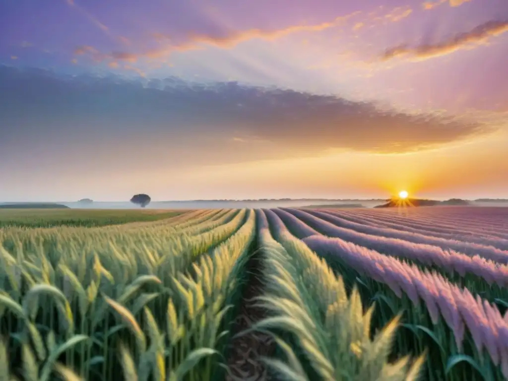 Un amanecer sereno sobre un campo de trigo, iluminado por la luz dorada del sol, evocando paz y armonía en una dieta sin gluten y estrés