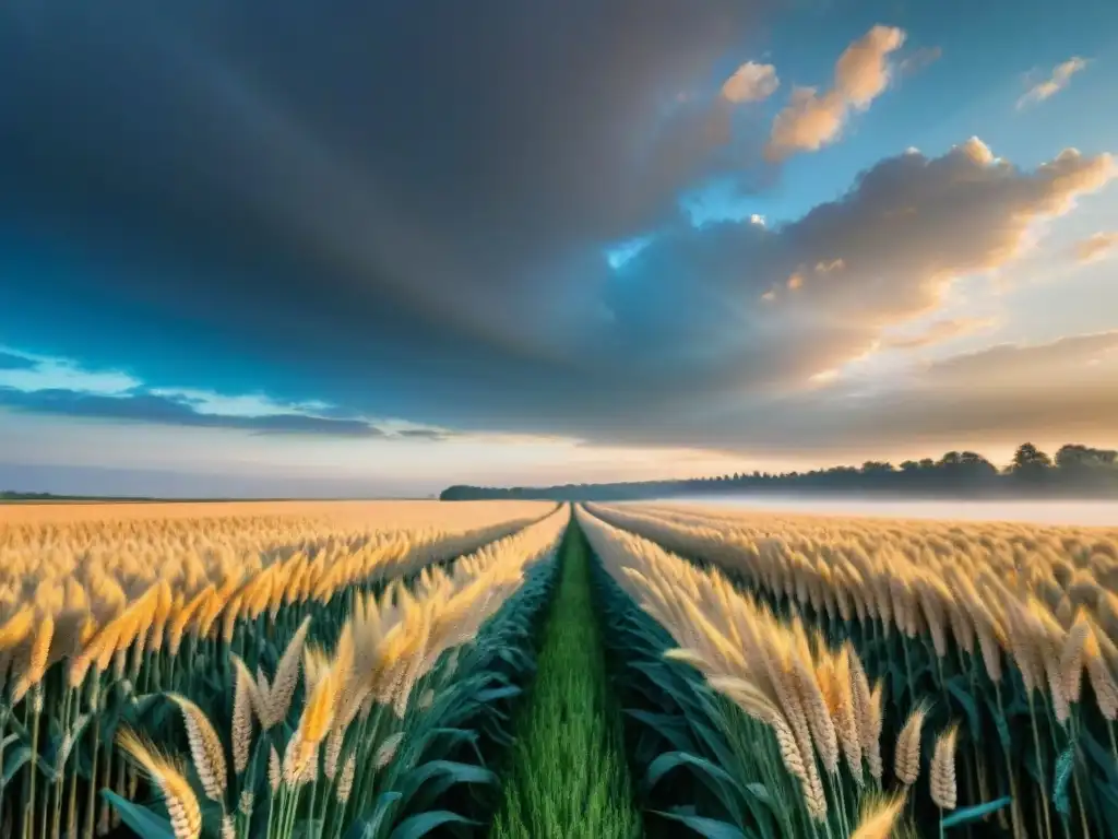 Amanecer sereno sobre campo de trigo: tranquilidad dorada Un amanecer sereno sobre un campo de trigo tranquilo, con la luz dorada filtrándose entre las nubes, iluminando las espigas