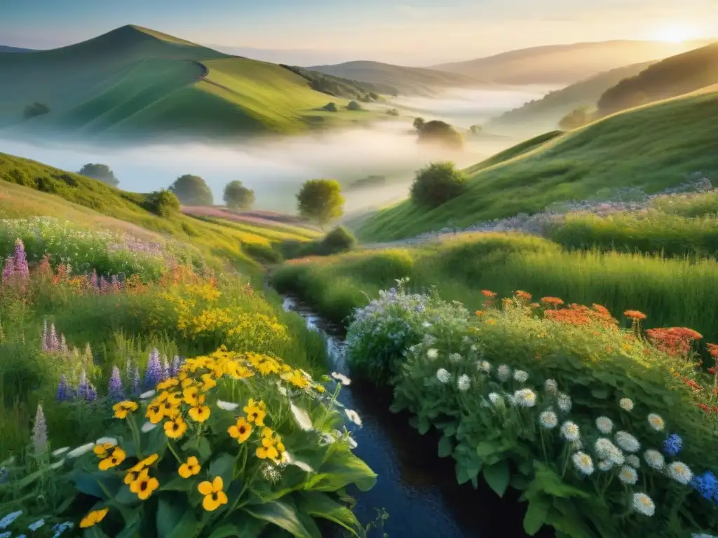 Un amanecer sereno en un campo verde vibrante con flores silvestres