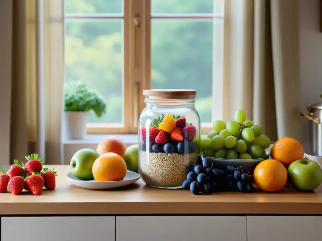 Un amanecer sereno ilumina una cocina llena de frutas y verduras frescas, promoviendo el mindfulness en la alimentación sin gluten