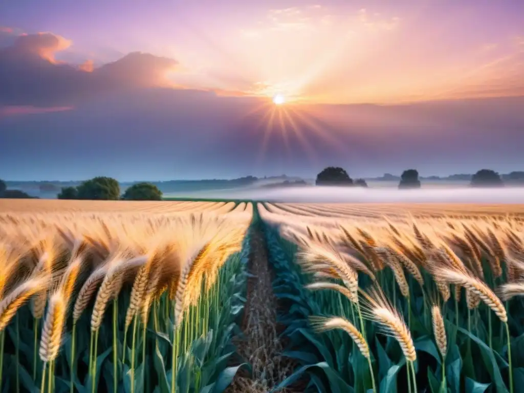 Un amanecer sereno sobre un extenso campo de trigo dorado, bañado por la luz dorada del sol