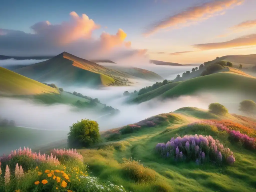 Un amanecer sereno y pintoresco en el campo con colinas verdes, arroyo y flores silvestres, iluminado por un majestuoso sol