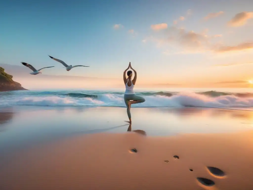 Un amanecer sereno en la playa, con olas suaves, gaviotas y una persona practicando yoga