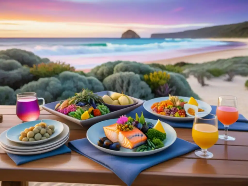 Un amanecer tranquilo en una playa australiana, con mesa de picnic de recetas sin gluten rodeada de exuberante naturaleza autóctona