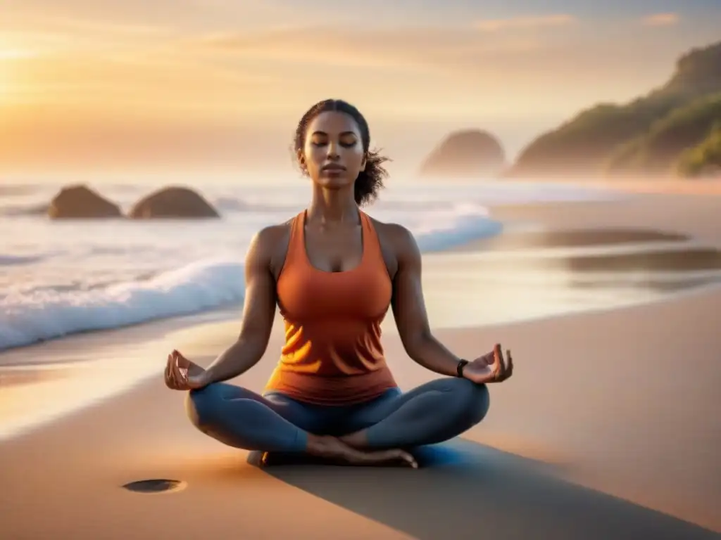 Un amanecer tranquilo en la playa, practicando yoga con energía