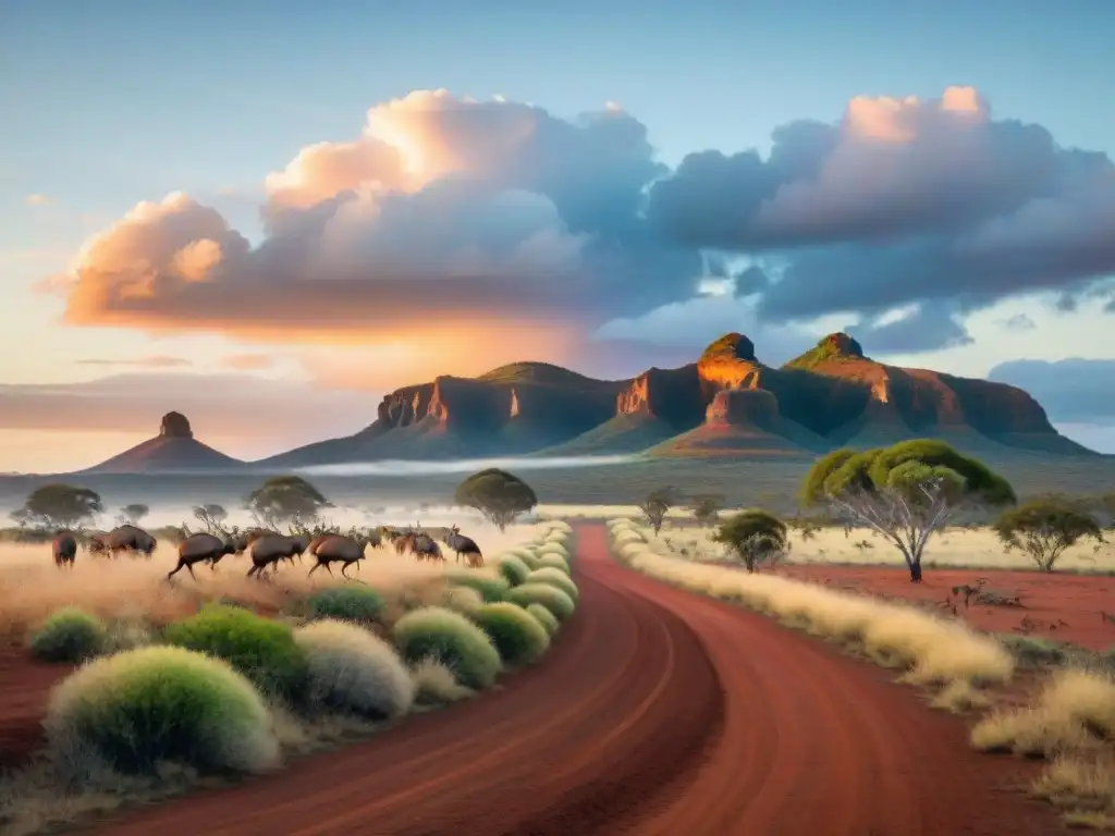 Un amanecer vibrante en el outback australiano, con canguros pastando