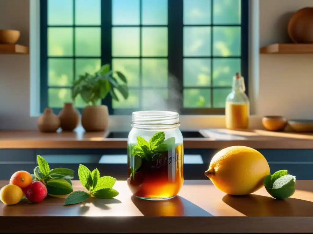 Un amanecer vibrante en una cocina con edulcorantes sin gluten saludable y frutas coloridas