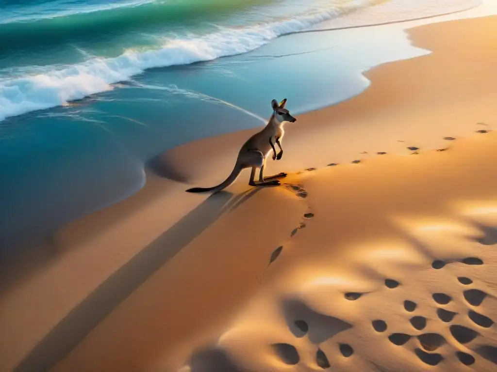 Un amanecer vibrante en una playa australiana con canguro