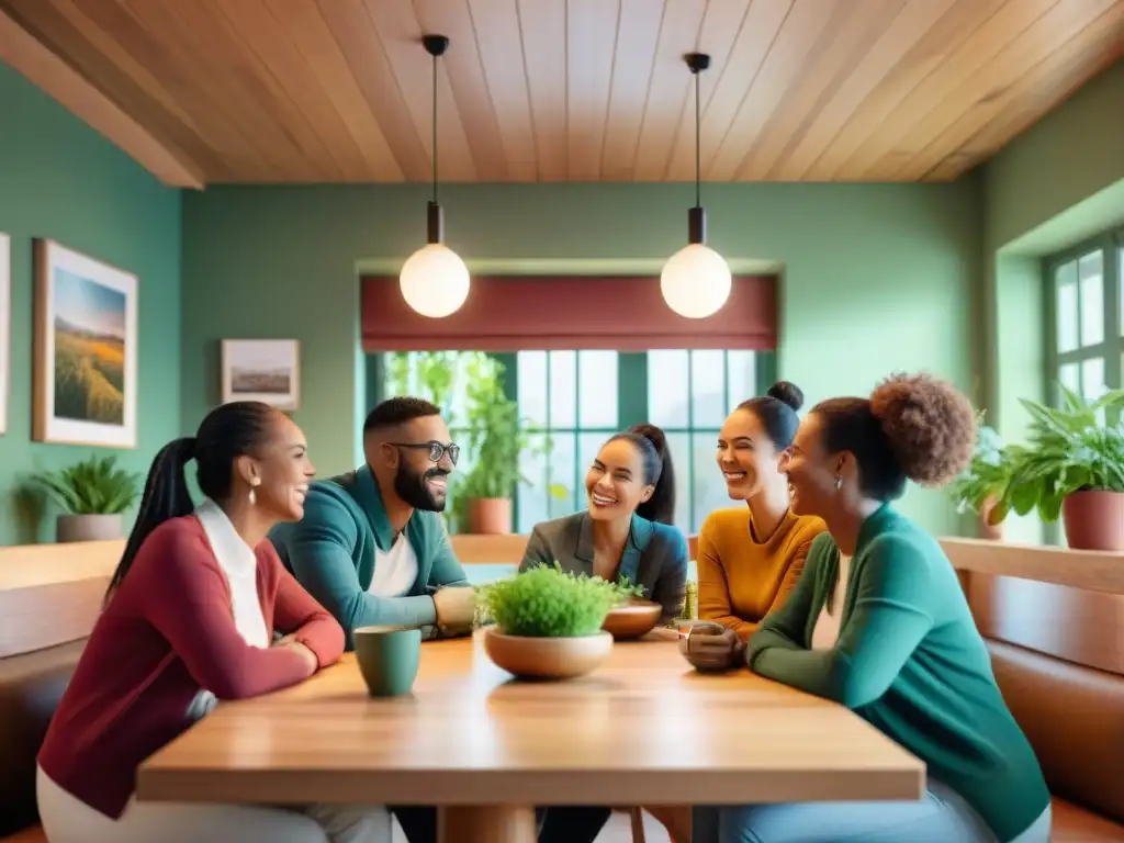 Un ambiente acogedor en un café, personas diversas sonrientes disfrutando de platos sin gluten