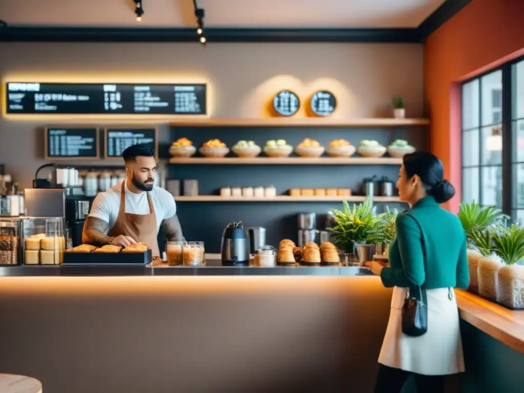 Un ambiente acogedor en una cafetería concurrida, clientes variados disfrutando de pasteles sin gluten y café, decoración moderna y barista creando arte en el café