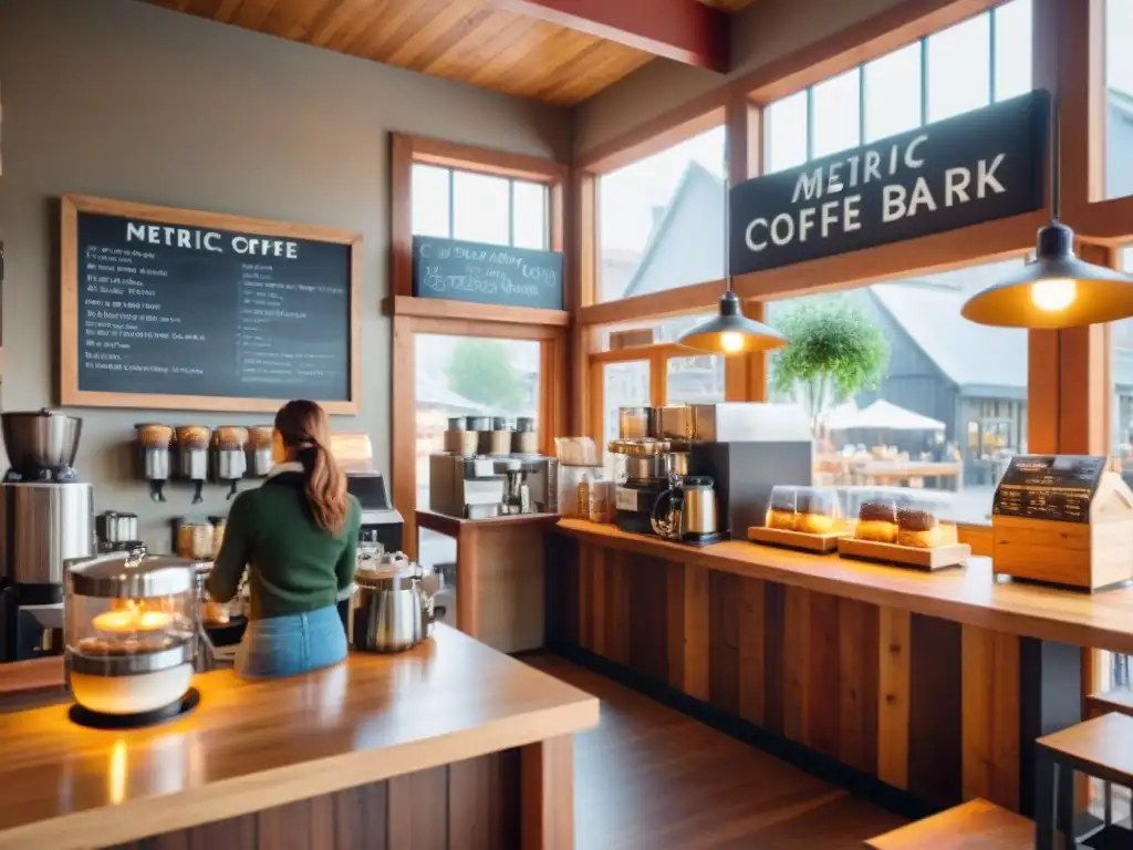 Ambiente acogedor en cafetería sin gluten con barista sirviendo arte latte y delicias expuestas