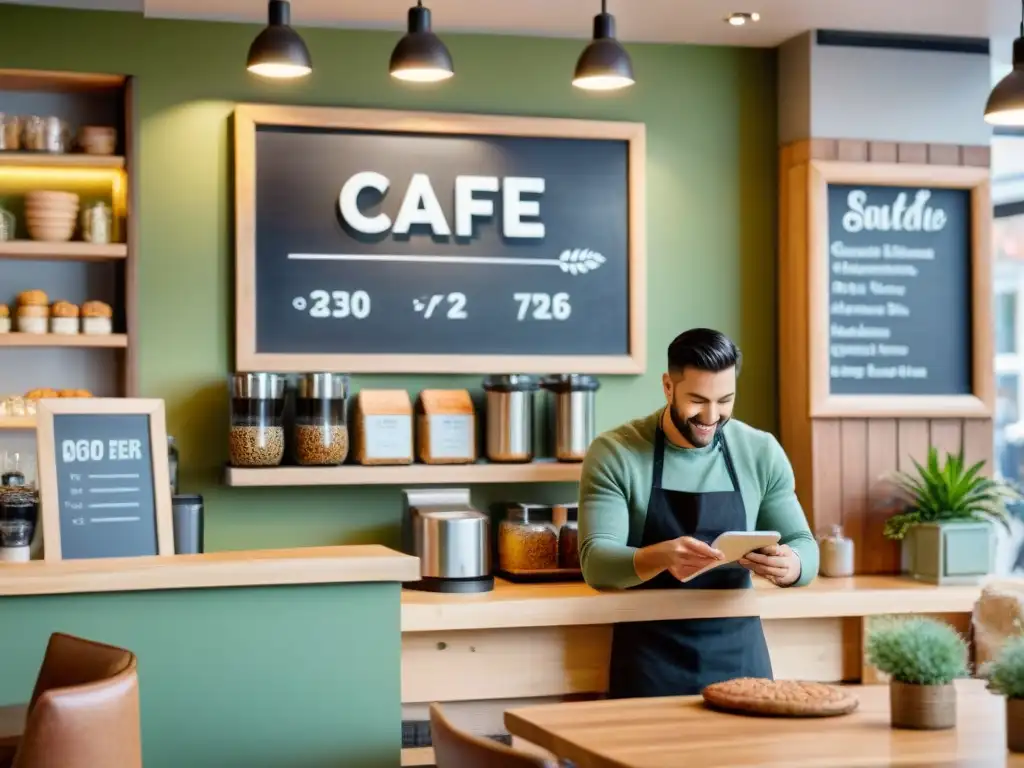 Ambiente acogedor en cafetería sin gluten de calidad con decoración elegante, repostería artesanal y café con arte