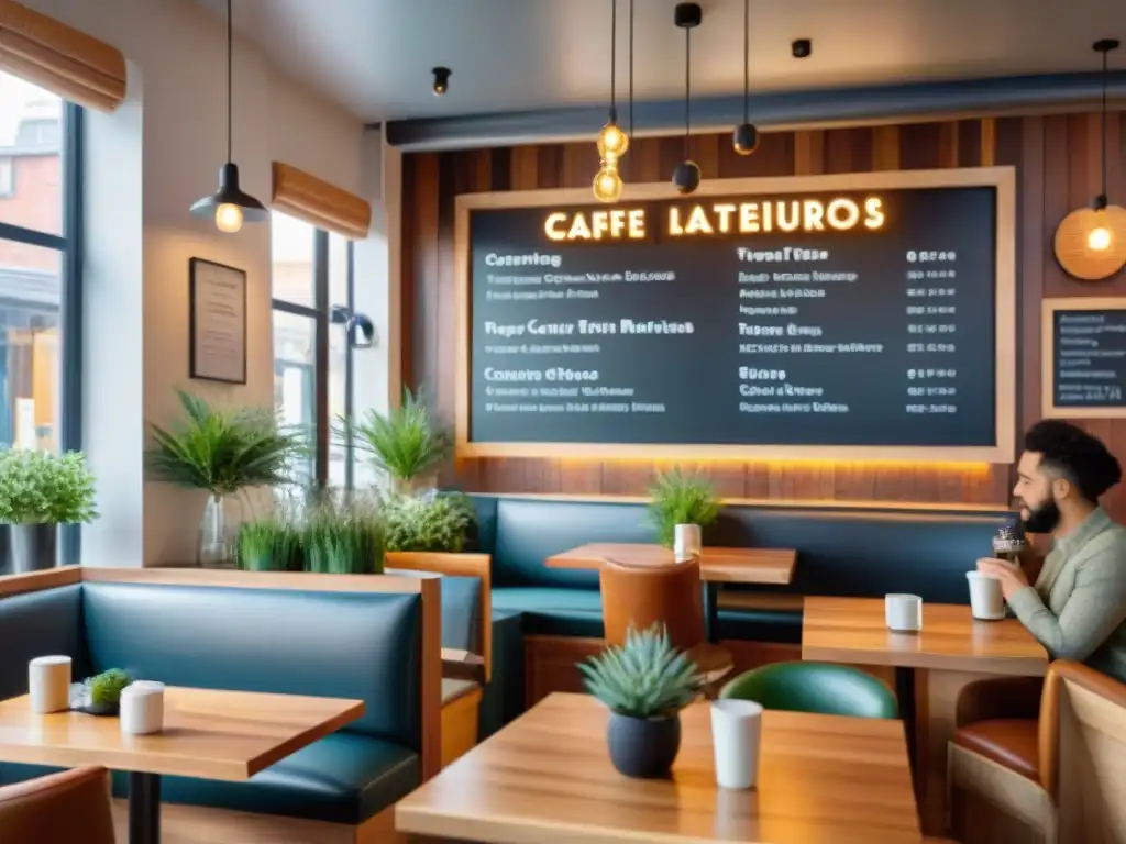 Ambiente acogedor en cafetería moderna con muebles de madera, menú de pastelería sin gluten y café