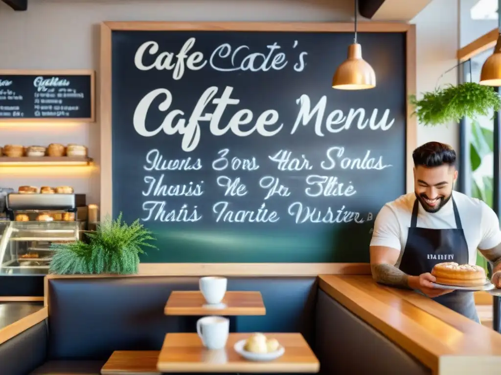 Un ambiente acogedor en una cafetería moderna con mesas de madera elegantes y delicias sin gluten