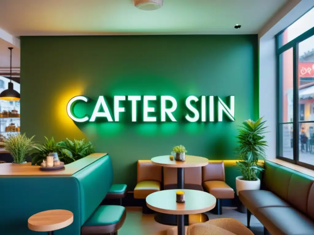 Un ambiente acogedor en una cafetería moderna y trendy, con letrero 'Cafetería Sin Gluten' en elegante tipografía