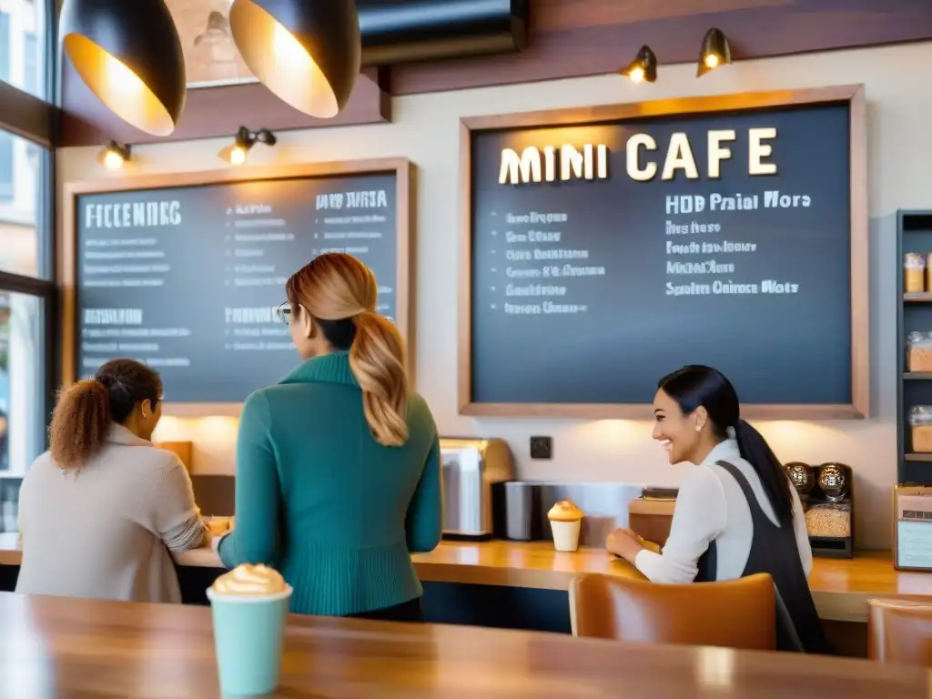 Ambiente acogedor en una cafetería con opciones sin gluten recomendadas, clientes felices y decoración moderna