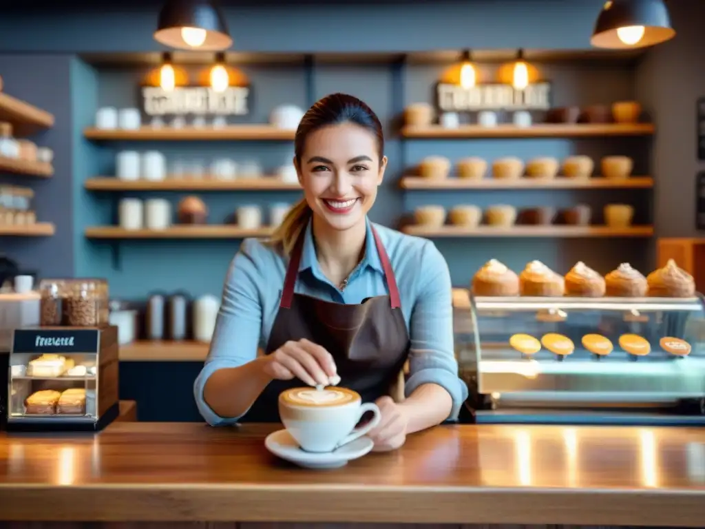 Ambiente acogedor en una cafetería rústica con delicias sin gluten y buen café, barista sonriente creando arte en el café