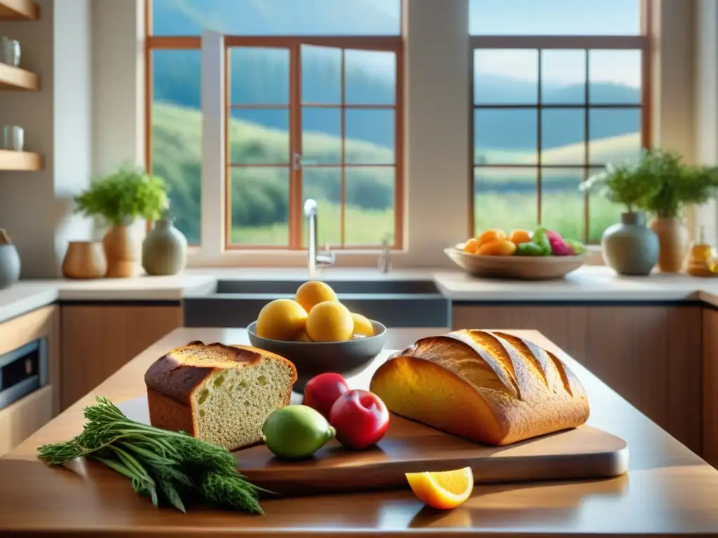 Un ambiente acogedor en una cocina con mesa de madera lista para una comida sin gluten, con frutas, verduras y pan casero