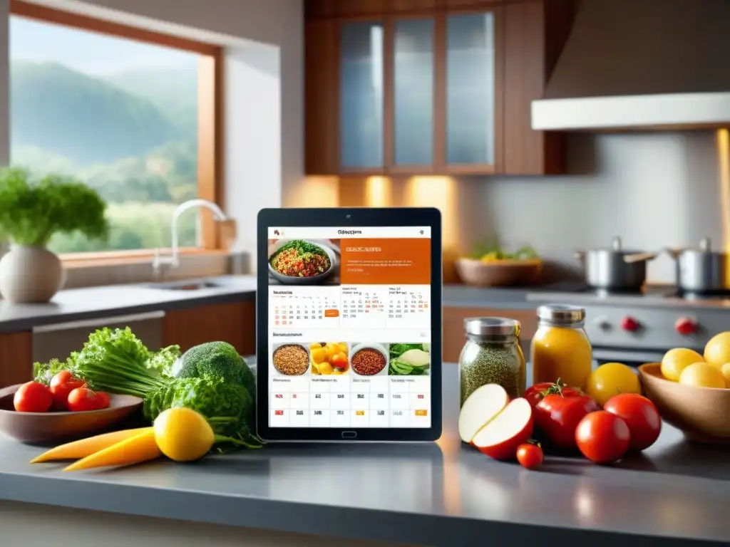 Un ambiente acogedor de cocina moderna con ingredientes frescos y planificación de comidas sin gluten en pantalla