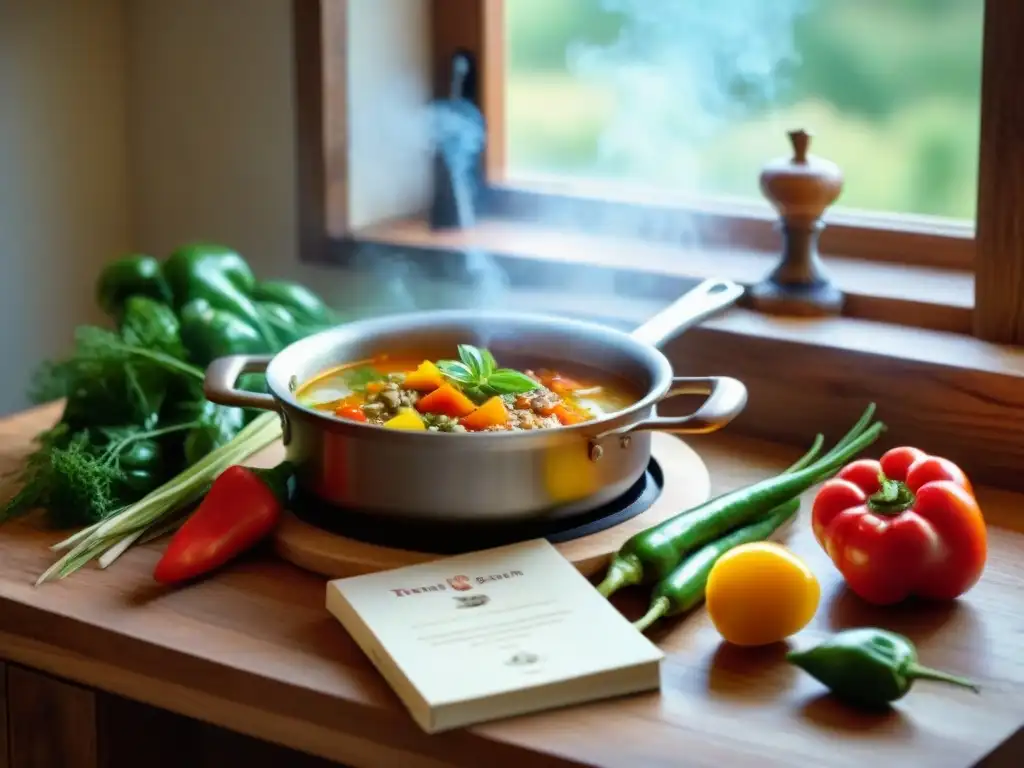 Un ambiente acogedor en una cocina con una olla humeante de sopa de verduras sin gluten, rodeada de ingredientes frescos