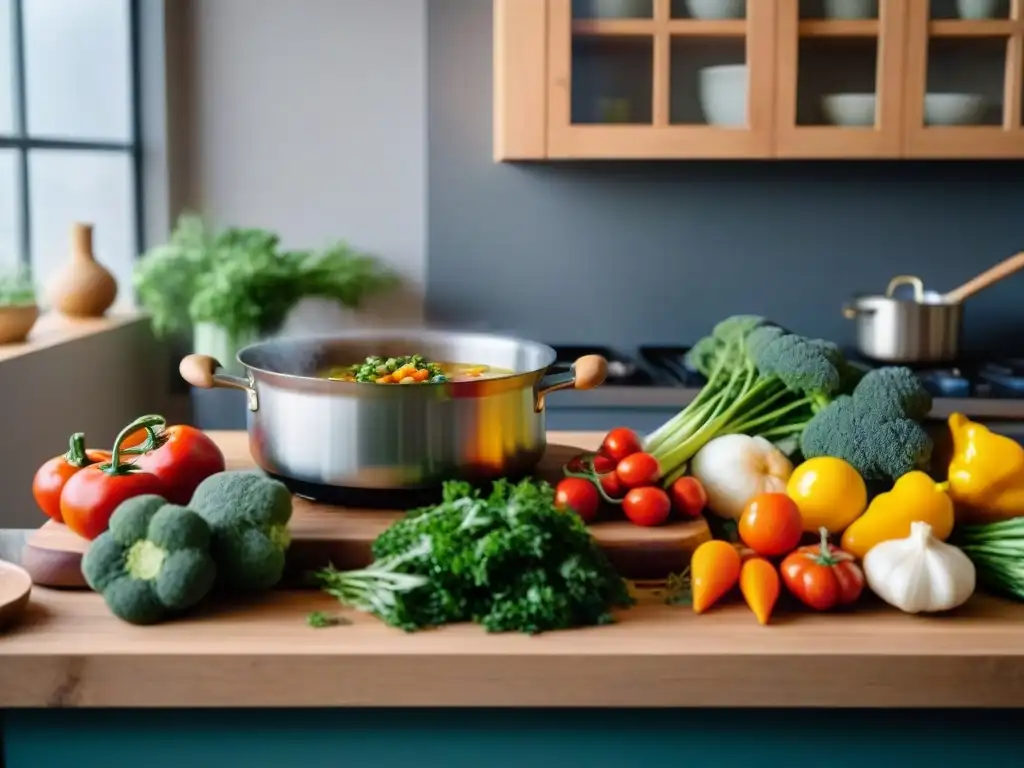 Un ambiente acogedor de cocina con verduras coloridas, hierbas y especias sobre una encimera de madera