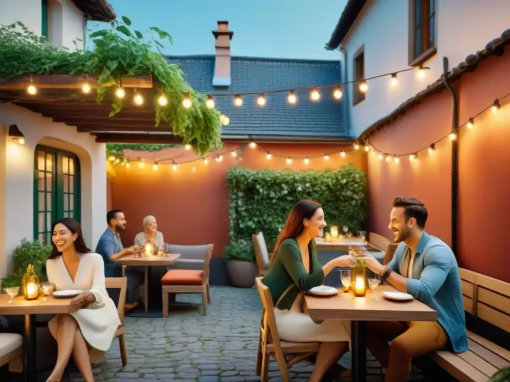 Un ambiente acogedor y diverso en un restaurante al aire libre, iluminado por luces tenues y velas, donde se disfruta de comidas sin gluten