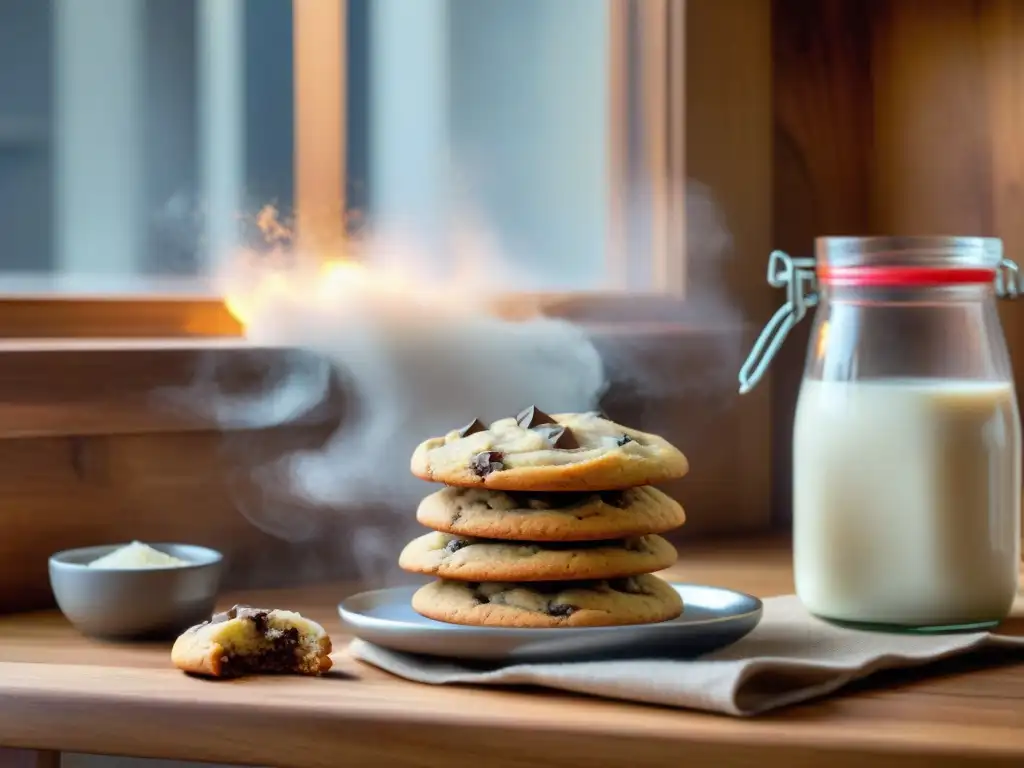 Un ambiente acogedor con galletas sin gluten doradas, chispas de chocolate y libros de recetas abiertos