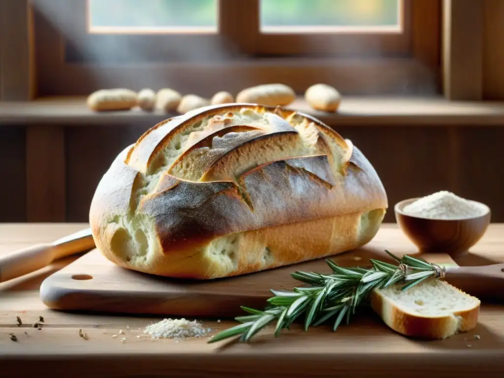 Un ambiente acogedor con pan sin gluten recetas innovadoras en una mesa rústica de madera, bañado por luz cálida y detalles artesanales