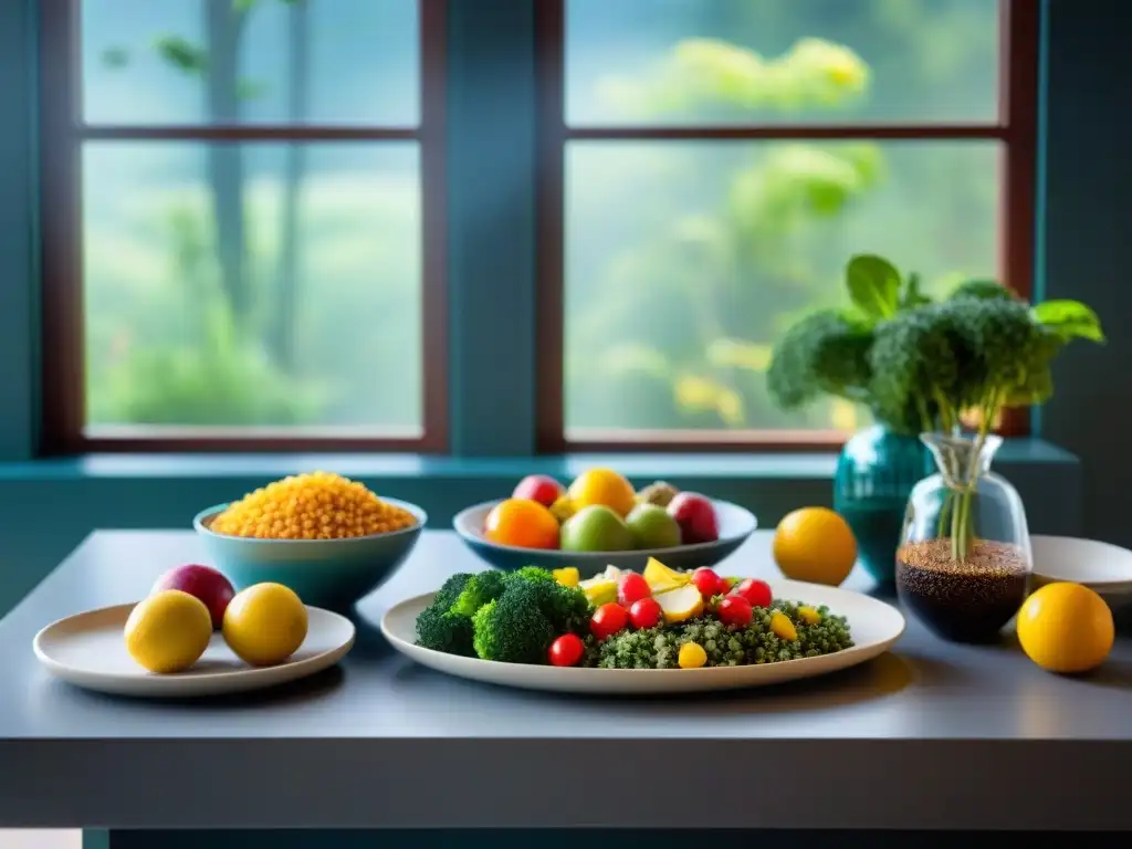 Un ambiente acogedor y sereno en una cocina con mesa decorada con platillos coloridos y sin gluten, fomentando la autoestima