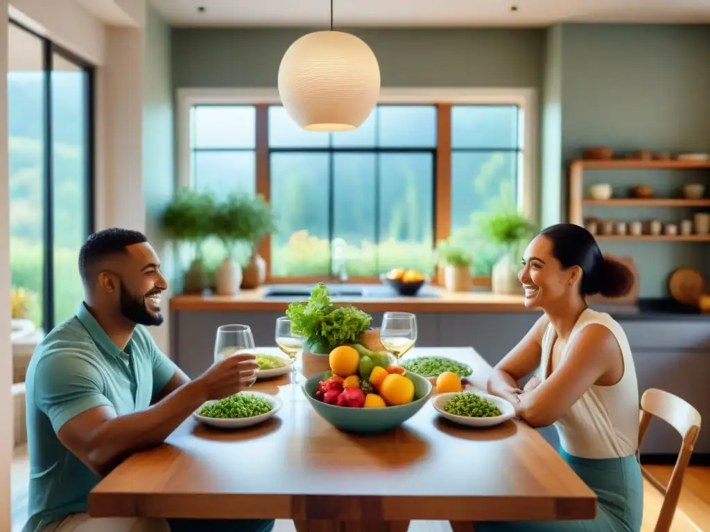 Un ambiente cálido y acogedor en una cocina con mesa de madera y coloridos platillos sin gluten