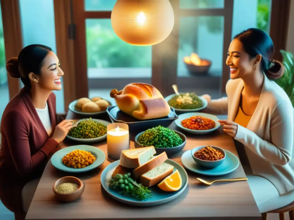 Un ambiente cálido y acogedor donde un grupo diverso disfruta de una deliciosa comida sin gluten