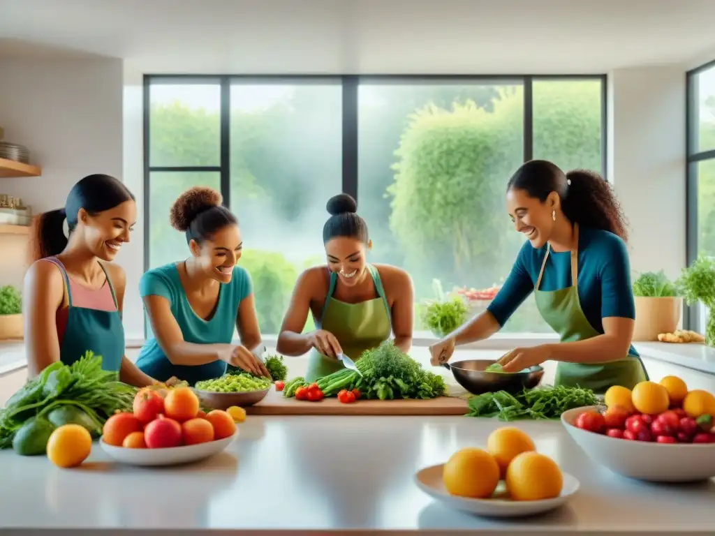 Un ambiente cálido y acogedor donde un grupo diverso prepara deliciosos platillos veganos y sin gluten