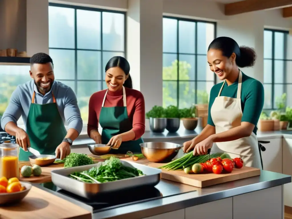 Un ambiente cálido y alegre de amigos cocinando juntos en una cocina moderna y luminosa, con ingredientes frescos y coloridos