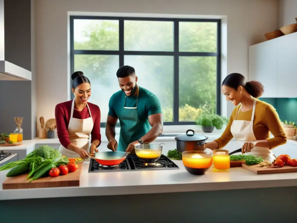 Un ambiente cálido y alegre donde un grupo diverso cocina juntos, planificando comidas sin gluten