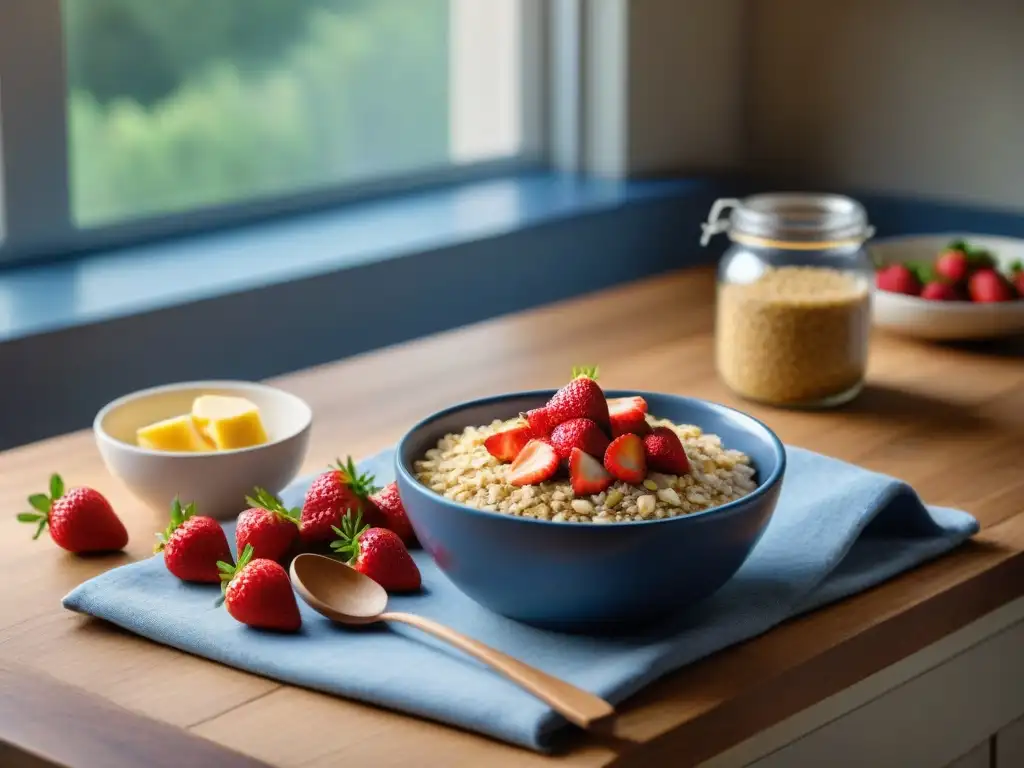 Ambiente cálido y saludable con avena sin gluten, frutas frescas y miel, bañado en luz natural