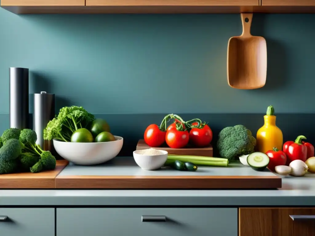 Un ambiente de cocina impecable y organizado, con utensilios de cocina y alimentos separados para prevenir la contaminación cruzada gluten cocina