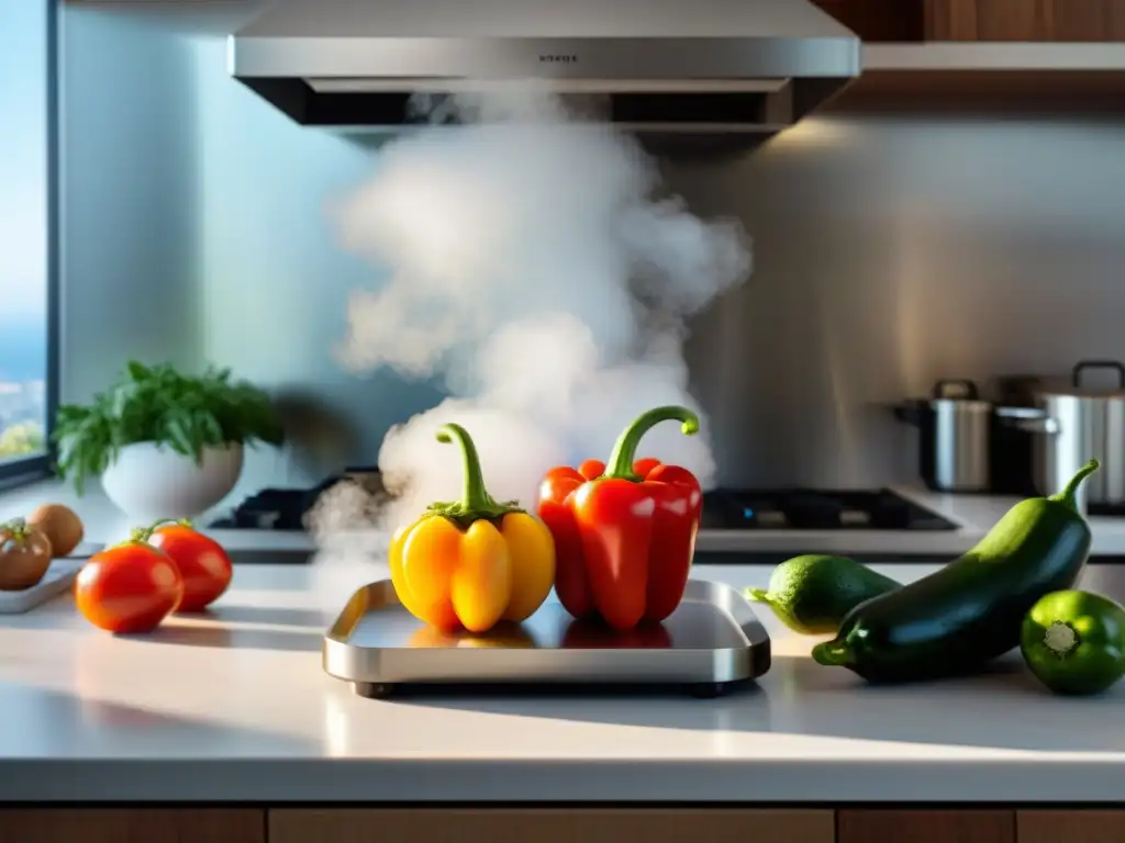 Un ambiente de cocina saludable y sin gluten, con una máquina sous vide cocinando proteína, rodeada de ingredientes frescos y coloridos