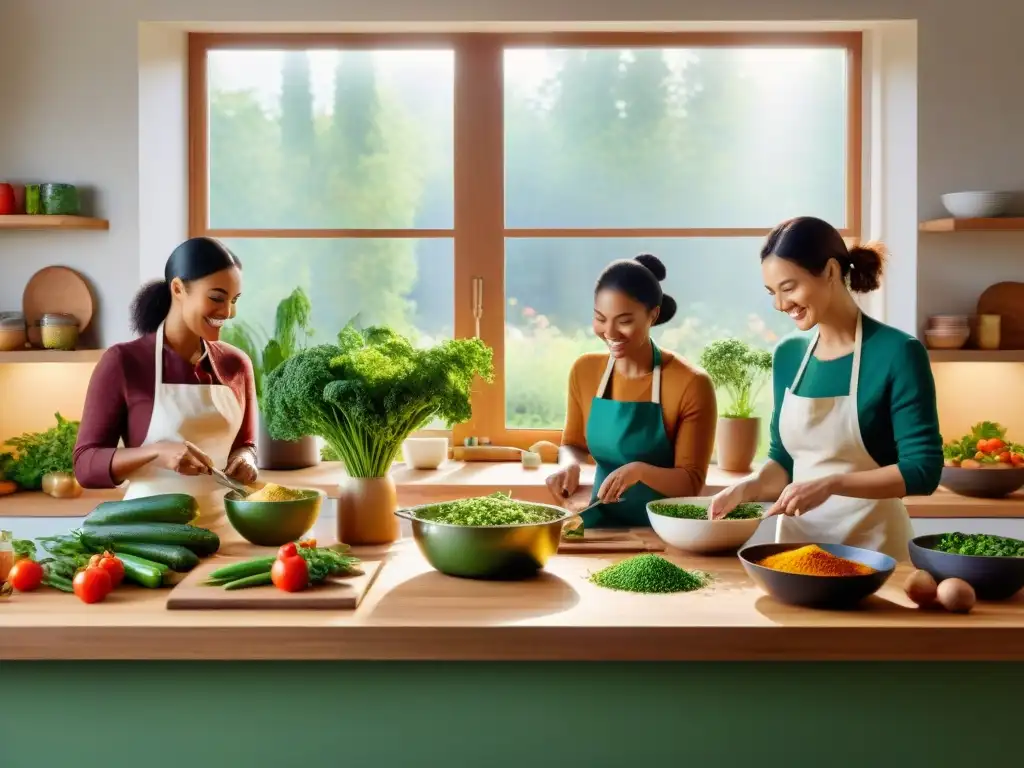 Un ambiente de cocina sereno y acogedor donde un grupo diverso de personas prepara recetas sin gluten innovadoras con alegría y creatividad