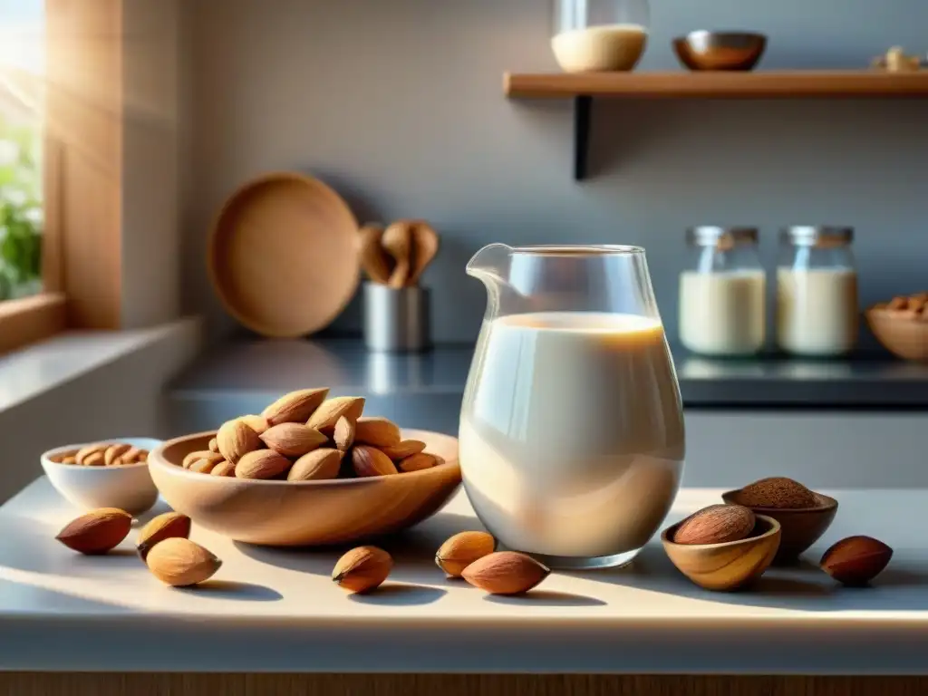 Un ambiente de cocina sereno con leche de almendras sin gluten recién hecha y almendras vibrantes, todo bañado por la cálida luz del sol