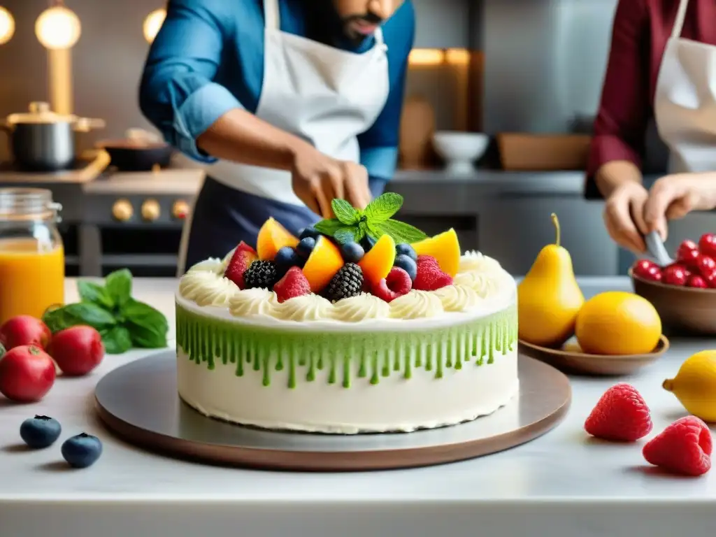 Un ambiente de cocina vibrante y creativo con gente preparando recetas sin gluten con edulcorantes naturales